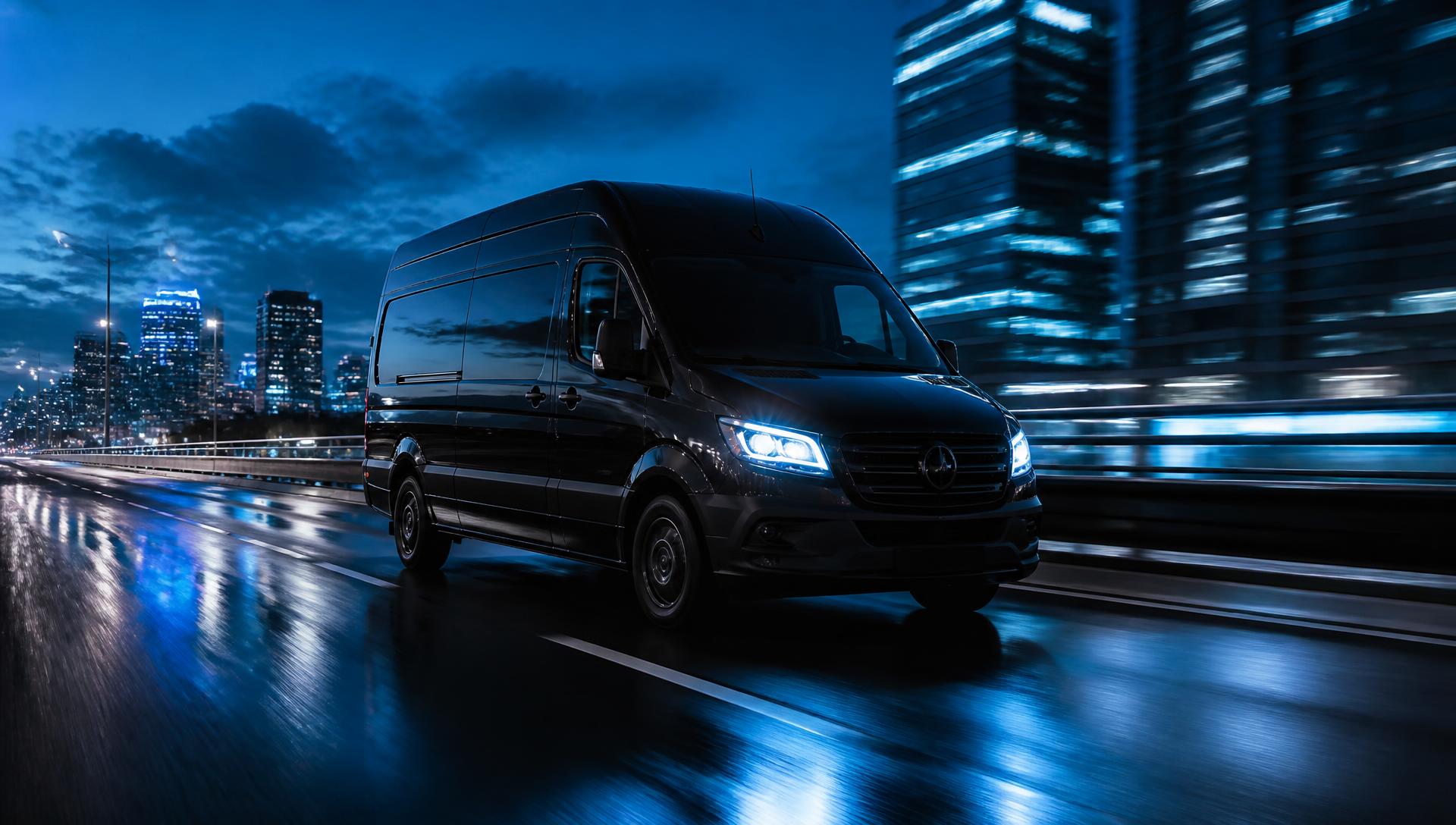 Black cargo van in motion on a city highway at night